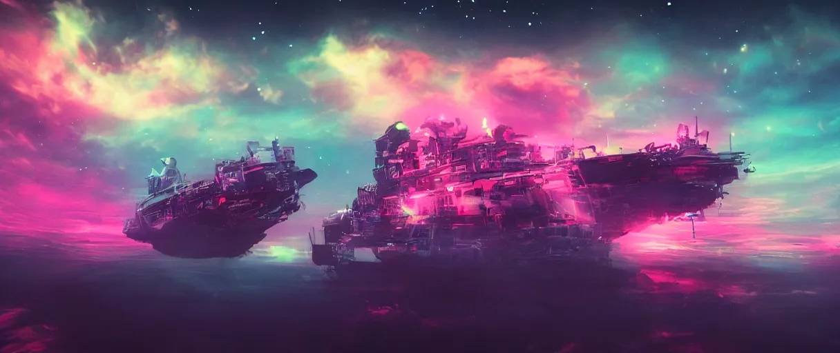 Prompt: space, hyperdetailed illustration, portrait big dark dog, neon ship, mohawk, stars, pink, neon, oil painting, rich deep colors masterpiece, pirate neon ship, ultra detailed, contrast, heaven pink, clouds, volumetric light, atmospheric lighting, dramatic, cinematic, moody, octane render 4 k, 8 k