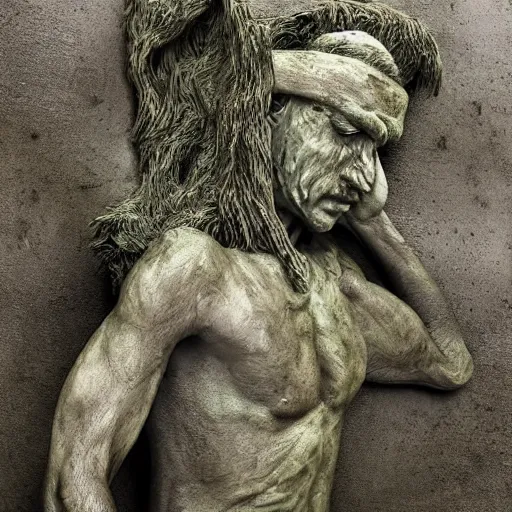 Image similar to The sculpture shows a man caught in a storm, buffeted by wind and rain. He clings to a tree for support, but the tree is bent nearly double by the force of the storm. The man's clothing is soaked through and his hair is plastered to his head. His face is contorted with fear and effort. by Brian Sum harrowing