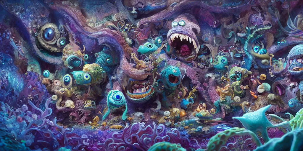 Image similar to of an intricate sea reef with strange cute friendly happy creatures with huge eyes, mouth, long tongue, round teeth and goofy face, appearing from the background, in the style of gehry and gaudi, macro lens, shallow depth of field, ultra detailed, digital painting, trending artstation, concept art, illustration, cinematic lighting, photorealism, epic, octane render