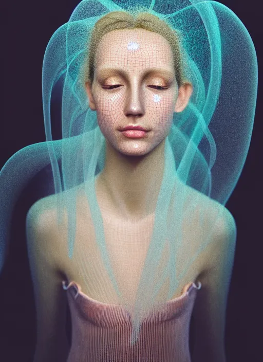 Image similar to Kodak Portra 400, 8K, soft light, volumetric lighting, highly detailed, britt marling style 3/4 , portrait photography of a beautiful woman by Giovanni Gastel, face merging with jellyfishes, symbolic metamorphosis complex 3d render , 150 mm lens, art nouveau fashion embroidered,bust with intricate underwaters details, elegant, hyper realistic, ultra detailed, octane render, underwater soft colours, emotionally evoking, head in focus, fantasy, elegant, soft light, volumetric lighting, highly detailed, Refined, Highly Detailed, soft pastel lighting colors scheme, fine art photography, Hyper realistic, photo realistic