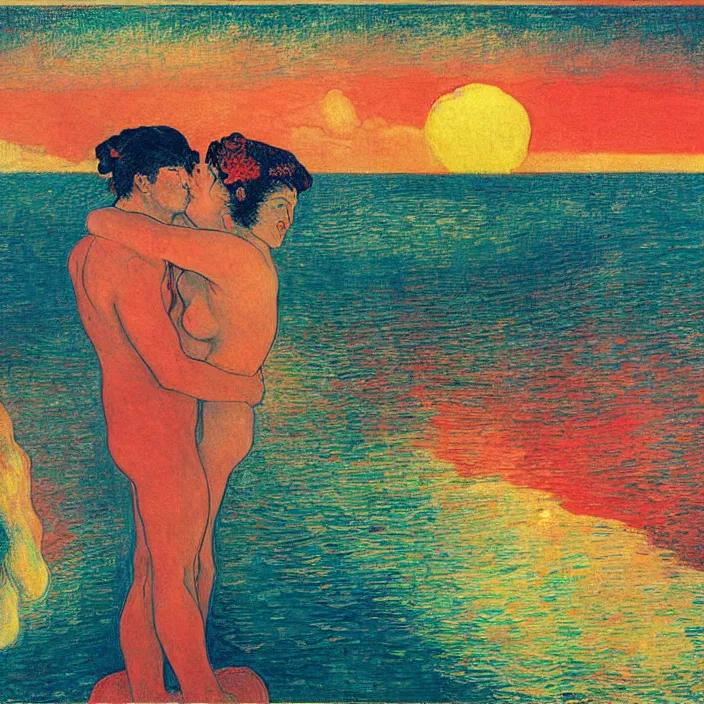 Prompt: close portrait of man kissing woman in the water. tsunami great wave, red sun setting through the storm clouds. iridescent, vivid psychedelic colors. painting by munch, agnes pelton, egon schiele, henri de toulouse - lautrec, utamaro, monet