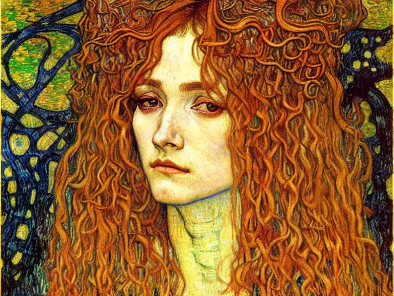 Image similar to detailed realistic beautiful young medieval queen face portrait by jean delville, gustav klimt and vincent van gogh, art nouveau, symbolist, visionary, gothic, pre - raphaelite, muted earthy colors, desaturated