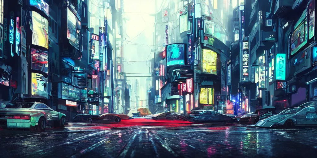 Image similar to Cyberpunk street with futuristic car in the foreground on a rainy day in Japan, evening, low angle view, detailed matte painting, cinematic, Moebius, Artstation