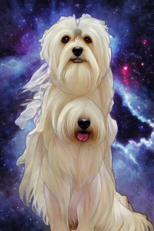 Image similar to a cream-colored Havanese dog in a beautiful nebula, water color, art by artgerm and greg rutkowski and alphonse mucha and jin xiaodi and anthony devine