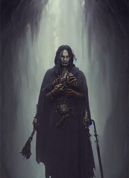 Image similar to Portrait of Johnny Depp, cloak, male, fantasy, extremely detailed, digital painting, artstation, concept art, smooth, sharp focus, illustration, stunning lighting, art by artgerm and greg rutkowski and alphonse mucha and simon stalenhag, realistic character concept, high fantasy, dark atmosphere, golden ratio, cinematic lighting, hyperdetailed, high resolution, insanely detailed and intricate, artstation, Marc Simonetti, Greg Rutkowski, 8k