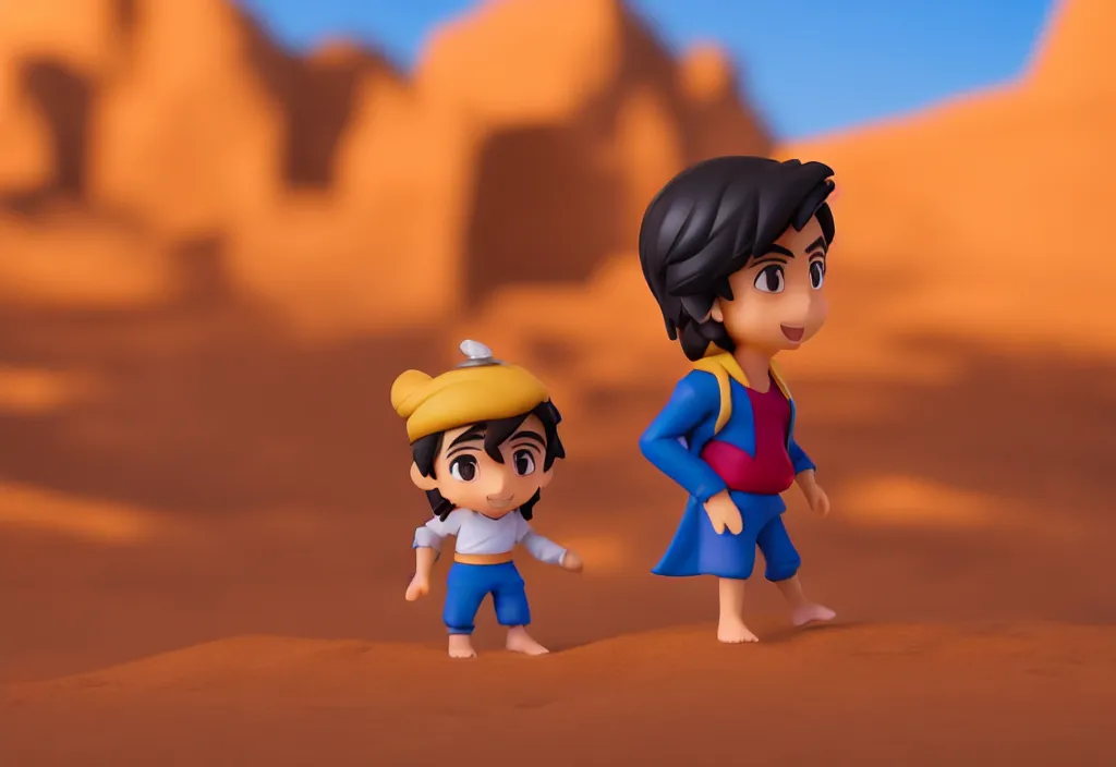 Image similar to profile view of young aladdin as nendoroid walking in a desert, wearing typical clothes, 8 k, hd, dof, kodak film, volumetric lighting, subsurface scattering, photorealistic, octane render