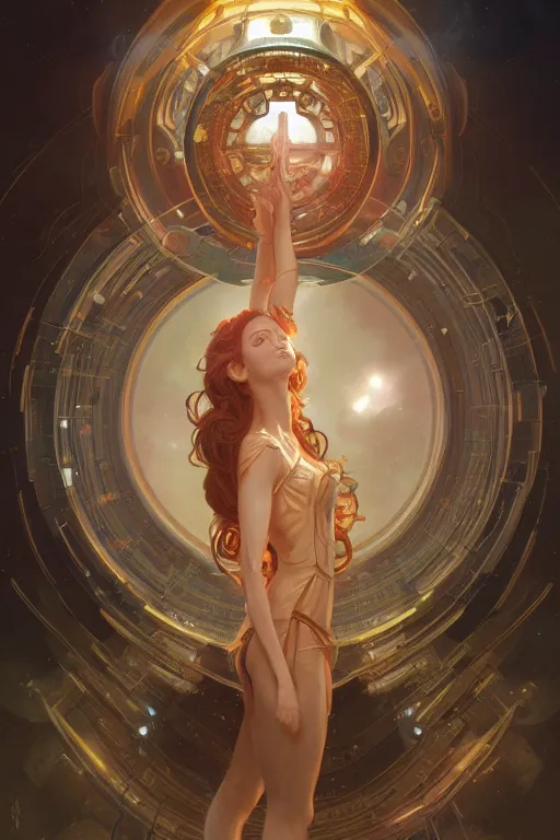 Prompt: goddess of space and time, accurate anatomy, only two hands, highly detailed, digital painting, artstation, concept art, smooth, sharp focus, illustration, Unreal Engine 5, 8K, art by sakimichan and greg rutkowski and alphonse Mucha