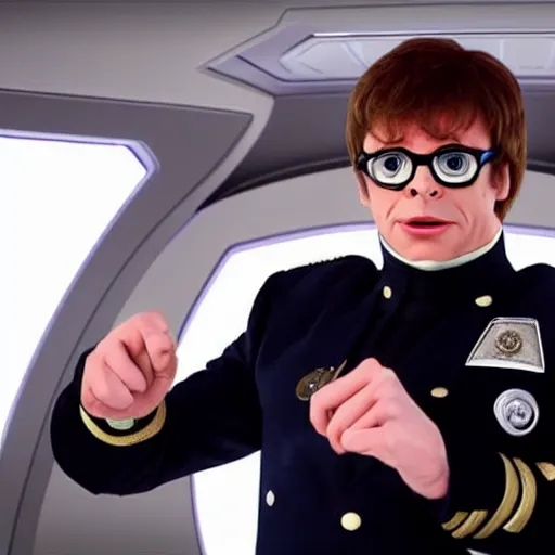 Image similar to austin powers as captain of the orville on the the bridge of the orville