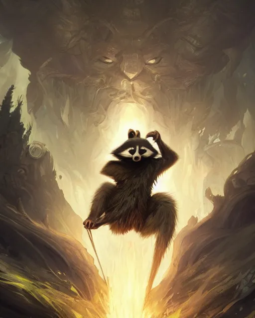 Image similar to Raccoon Shapeshifter, magic the gathering artwork, D&D, fantasy, cinematic lighting, centered, symmetrical, highly detailed, digital painting, artstation, concept art, smooth, sharp focus, illustration, volumetric lighting, epic Composition, 8k, art by Akihiko Yoshida and Greg Rutkowski and Craig Mullins, oil painting, cgsociety