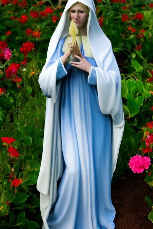 Image similar to a highly detailed and realistic photo of the virgin mary cosplay on a garden, artstation, 4 k, correctly anatomy, good light