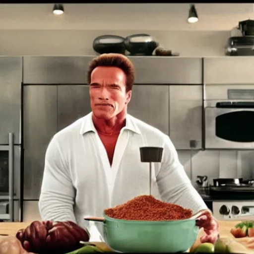 Prompt: Arnold Schwarzenegger selling a Thermomix, Tv commercial, picture, realistic