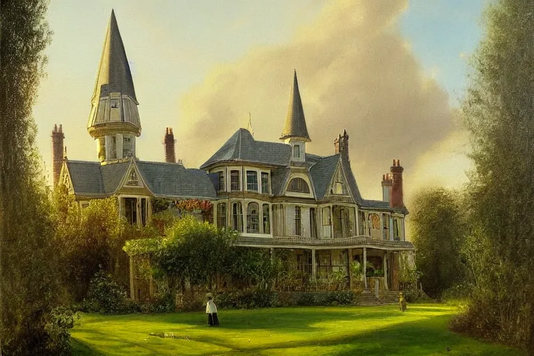 Image similar to a beautiful painting of a victorian house with bay windows, a tower and a greenhouse in the morning, very detailed by samuel and joseph newsom, harry potter