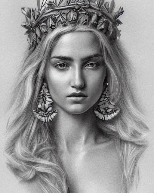 Image similar to pencil drawing of a beautiful greek goddess aphrodite wearing a laurel wreath and arrowhead earrings, beautiful confident and piercing eyes, beautiful blonde hair, hyper realistic face, in the style of greg rutkowski, fantasy, amazing detail, epic, elegant, smooth, sharp focus, from the front