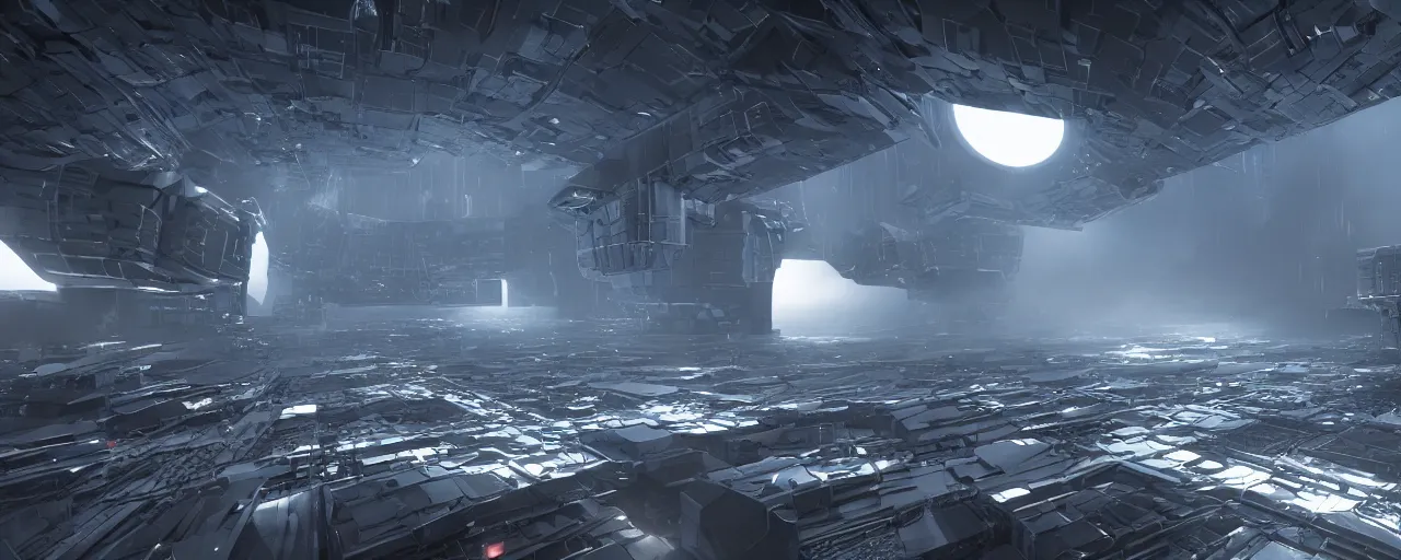 Image similar to dark scifi megastructure, octane render, volumetric lighting