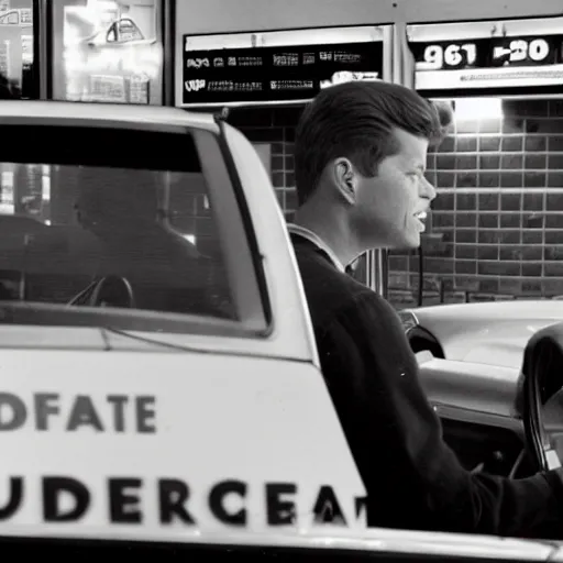 Prompt: JFK working at the mcdonalds drive thru at night, realistic, photorealistic, photograph, 8k, ultra realistic