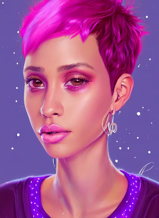 Image similar to portrait of vanessa morgan with bright pink hair, curly pixie cut hair, wearing a purple breton cap, breton cap, hoop earrings, intricate, elegant, glowing lights, highly detailed, digital painting, artstation, concept art, smooth, sharp focus, illustration, art by wlop, mars ravelo and greg rutkowski