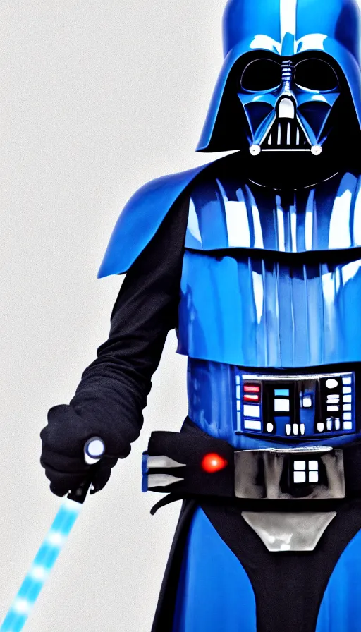 Image similar to A blue Darth Vader suit holding a blue lightsaber, 4k, dark background, 3d,