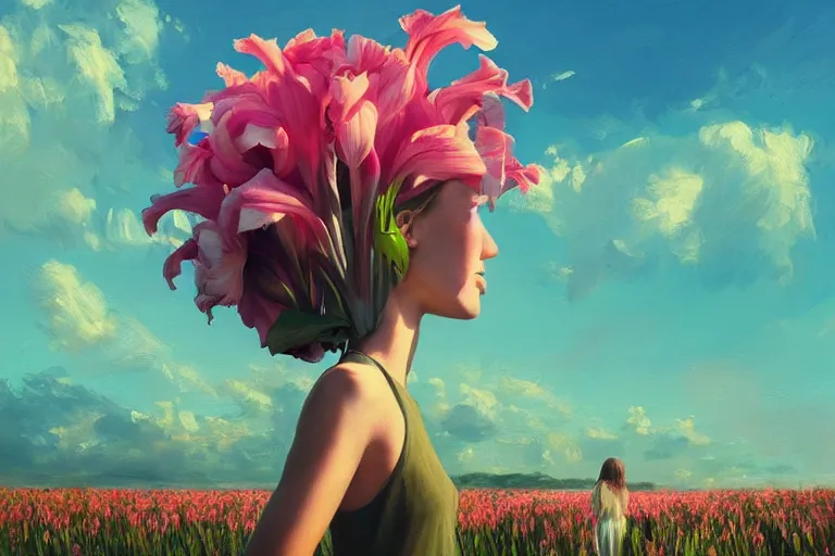 Image similar to giant gladiola head, girl walking in field of flowers, surreal photography, sunrise, blue sky, dramatic light, impressionist painting, digital painting, artstation, simon stalenhag