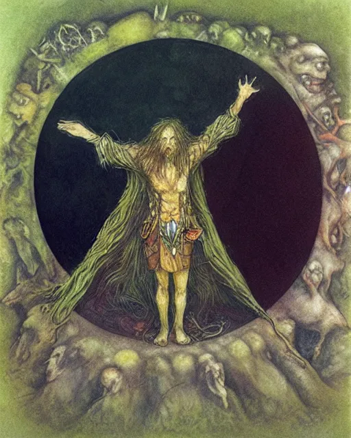 Image similar to a druid standing in a circle at the beginning of the world by brian froud