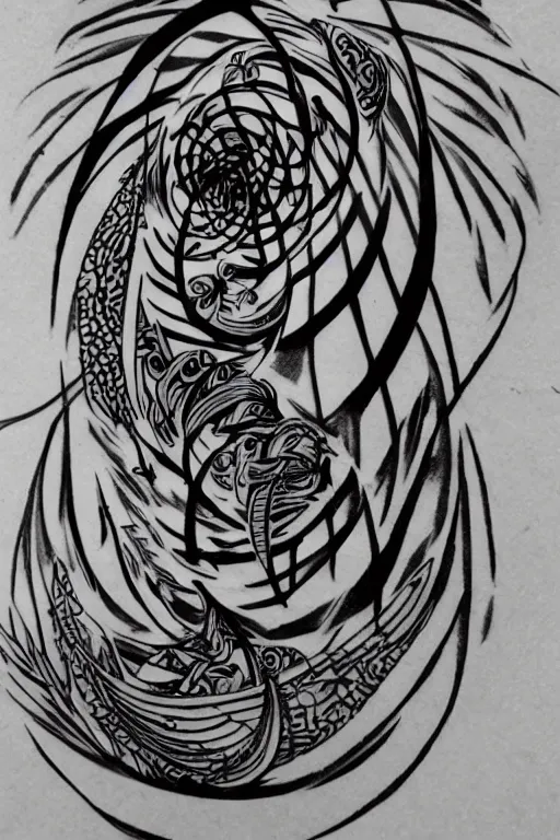 Image similar to a simple tattoo design of birds flying in a 8 spiral, black ink, logo