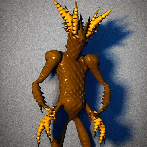 Prompt: cute monster, rubber spikes on the body, rubber skin spikes, spikes are from rubber, purple skin, skinny, gold armor, battleground background, battlefield, concept art, artstation, award winning, high detailed, 4k, 8k, hd textures, octane render, intricate details, volumetric lighting, realistic, hyperdetailed