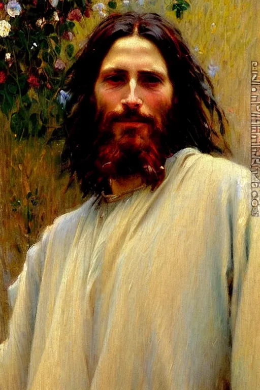 Image similar to impressionist brushstrokes!!!!!!!!! solomon joseph solomon and richard schmid and jeremy lipking victorian loose genre loose painting full length portrait painting of jesus with a slight smile happy inviting