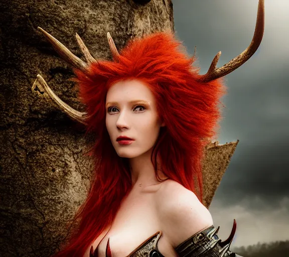 Image similar to a portrait photo of an armored woman warrior redhead with antlers sitting on the edge of a giant red cap mushroom that covers a whole town and reaches above the clouds by luis royo. intricate. lifelike. soft light. sony a 7 r iv 5 5 mm. cinematic post - processing