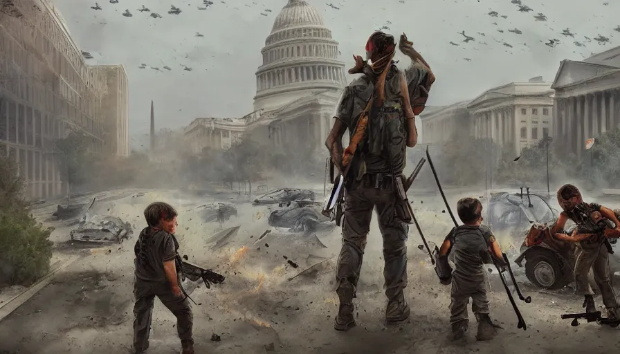 Image similar to survivor with rifle and bag pack crossing destroyed washington dc's streets with his two sons, destroyed museum, dirty streets, vegetation, wind, flying dust particles, cloudy sky, hyperdetailed, artstation, cgsociety, 8 k