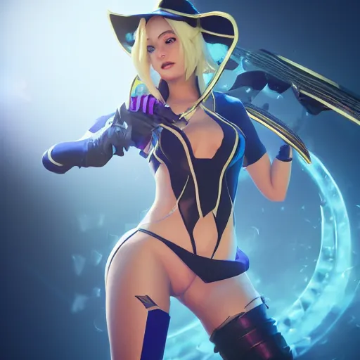 Image similar to still of pretty Ashe (League of Legends) in KDA More music video. 3d render, octane render, game art, realistic, highly detailed, trending on artstation, 4k, trending on artstation, pixar, cgsociety, unreal engine 5, redshift render, trending on artstation, blender, behance, cg