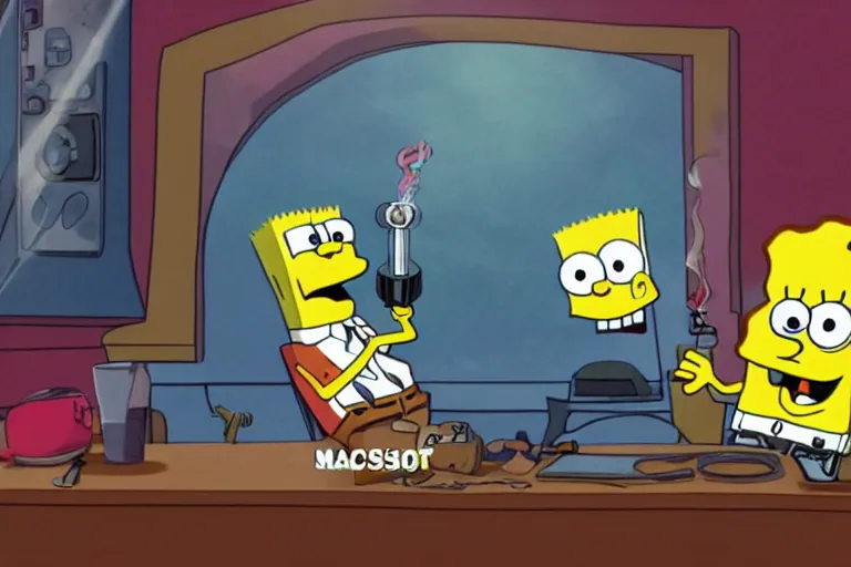 Prompt: SpongeBob smoking weed with Elon musk on a podcast, 4k Photorealistic