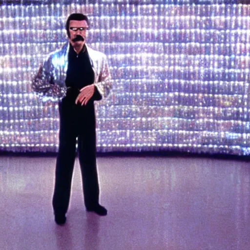 Prompt: A still of Walter White wearing a disco suit in Saturday Night Fever