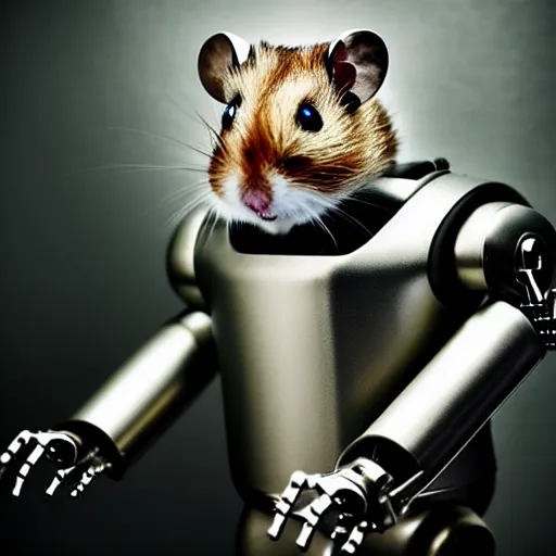 Image similar to uhd candid photo of a metal hamster cyborg android robot. photo by annie leibowitz