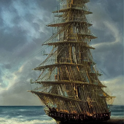 Image similar to an ancient sailing ship off the shore of a beautiful coastline with an omenous biopunk tower with glowing lights rising in the distance, a big scary tower with evil lights coming from it, painting by John Berkley