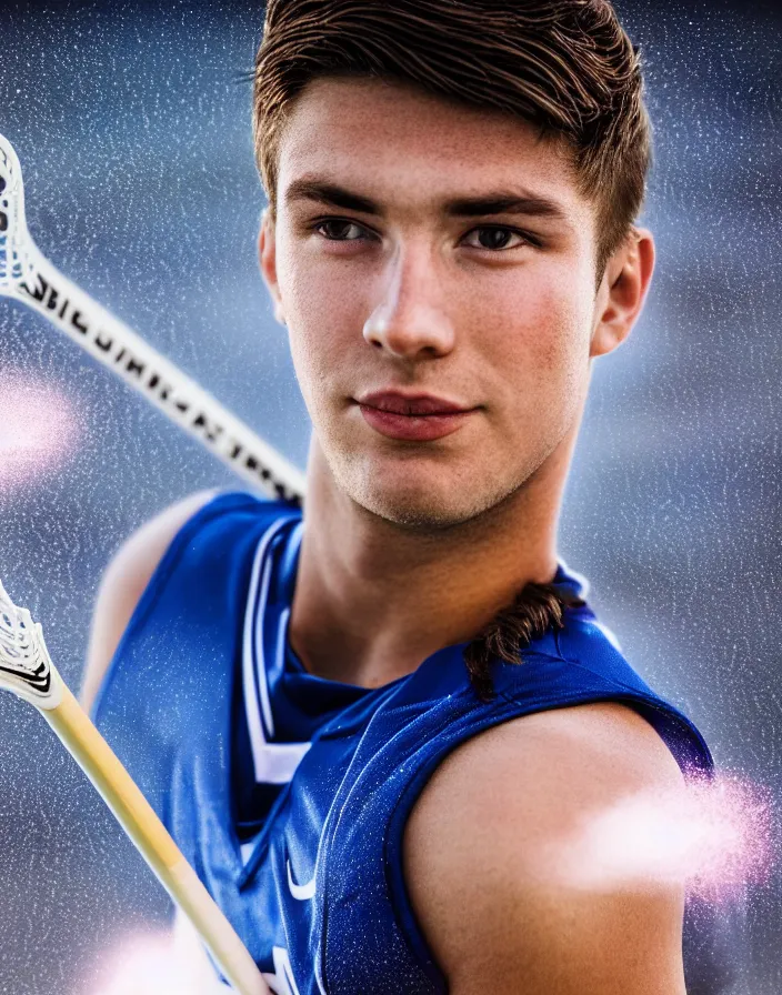 Image similar to closeup portrait of very beautiful cute male lacrosse player in a penn state stadium, glamour pose, particle effects, backlit, highly detailed, soft ambient lighting, sharp focus, rule of thirds, artgerm, wlop, arney freytag, rossdraws, frank frazetta, andrei riabovitchev, hd, octane, 4 k