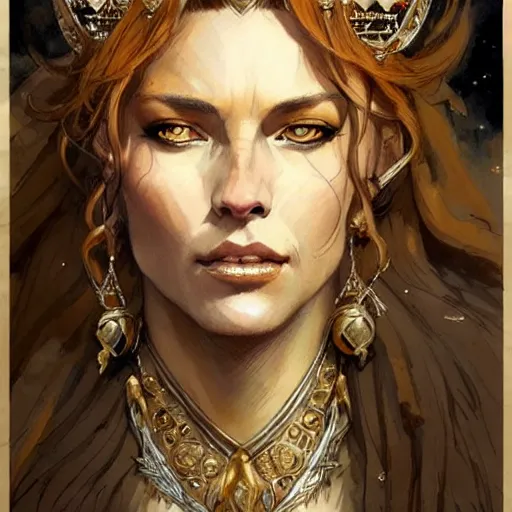 Prompt: highly detailed portrait of a majestic lioness queen depicted as a beautiful woman. d & d, art by anton pieck and greg rutkowski and magali villeneuve. trending on artstation, intricate details, energetic composition, golden ratio, concept art, illustration, elegant art