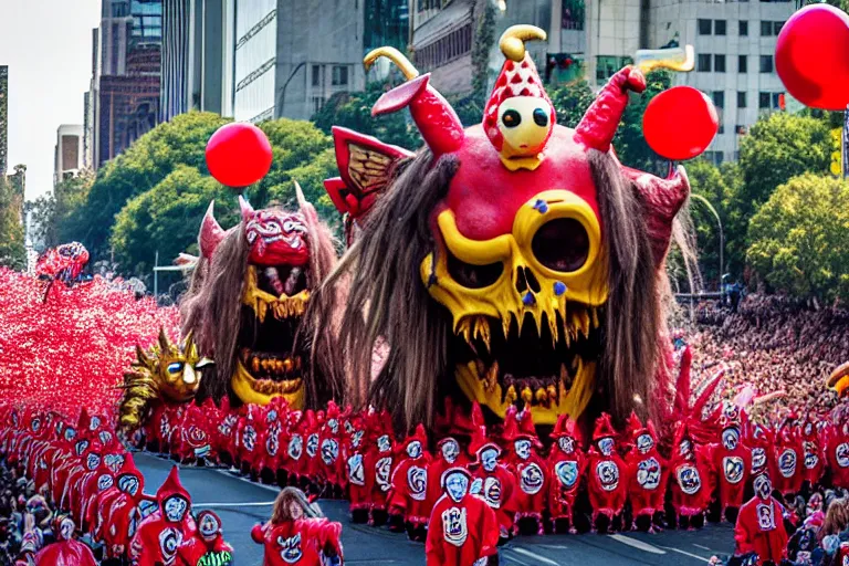Prompt: photo of giant cute elaborate parade with float characters designed by ( ( ( ( ( ( ( ( death metal bands ) ) ) ) ) ) ) ) and gwar and heavy metal!!!!!!!!!!!!!!, in the macys parade, detailed 4 k photo,