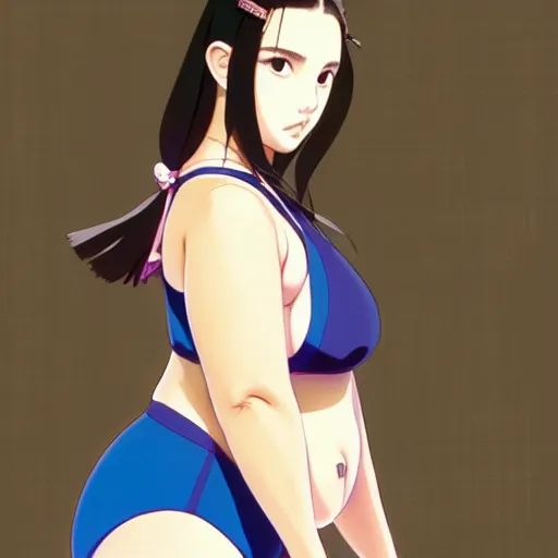 Image similar to a beautiful plus sized model japanese natalie portman, alluring plus sized model, wearing mayan leotard with overalls, street fashion hip hop style with mayan patterns, aztec street fashion, gapmoe yandere grimdark, trending on pixiv fanbox, painted by greg rutkowski makoto shinkai takashi takeuchi studio ghibli, akihiko yoshida