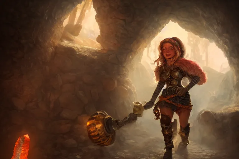 Prompt: happy female fantasy dwarf miner walking through a crystal mine, rpg portrait reference, oil painting, trending on artstation, octane render, insanely detailed, 8 k, hd