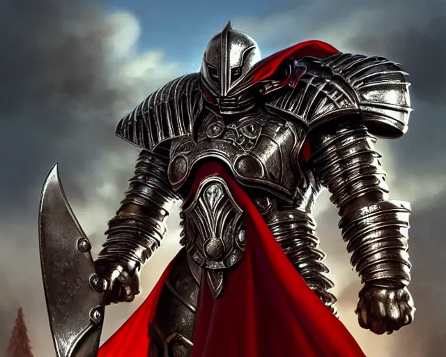 Prompt: ultrarealistic massive giant iron knight with red cape fighting, giant metal helm bladed iron mantle black etched iron armor, bodybuilder body, bone wastes, fantasy character portrait, octane render, extreme intricate details, cinematic lighting, volumetric lighting, artstation, dnd art, cgsociety, sharp focus, digital painting by artgerm, gerald brom, wlop