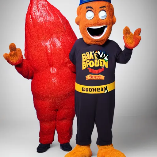 Prompt: Bush's Baked Beans mascot, guy in a big sloppy oily bean costume, studio lighting