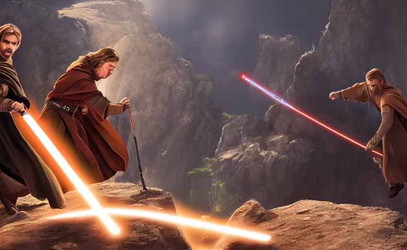 Image similar to anakin skywalker and obi wan kenobi engaging in an epic duel on a cliffside, epic, fantasy artwork, intense, cinematic, raytracing, dynamic lighting, 4 k