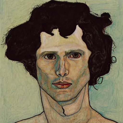 Image similar to portrait of jim morrison by egon schiele in the style of greg rutkowski