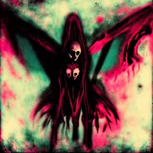 Prompt: a dark artistic photo of an alien creature with crazy wings, a polaroid photo, bleeding decaying colors!