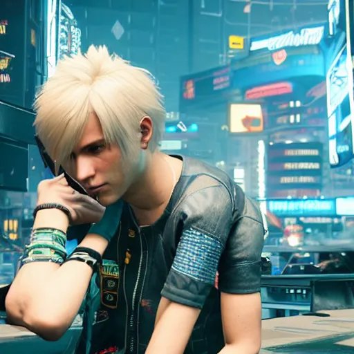 Image similar to an in-game screenshot of blonde hair blue eyed boy in Cyberpunk 2077