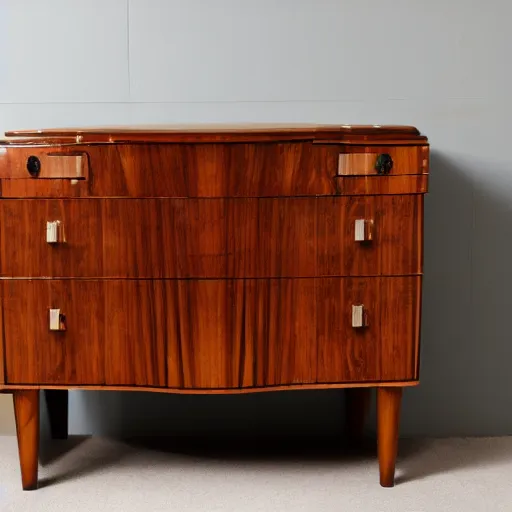 Image similar to realistic photo of an art deco chest of drawers with cabriole legs, walnut wood inlaid with maple accents