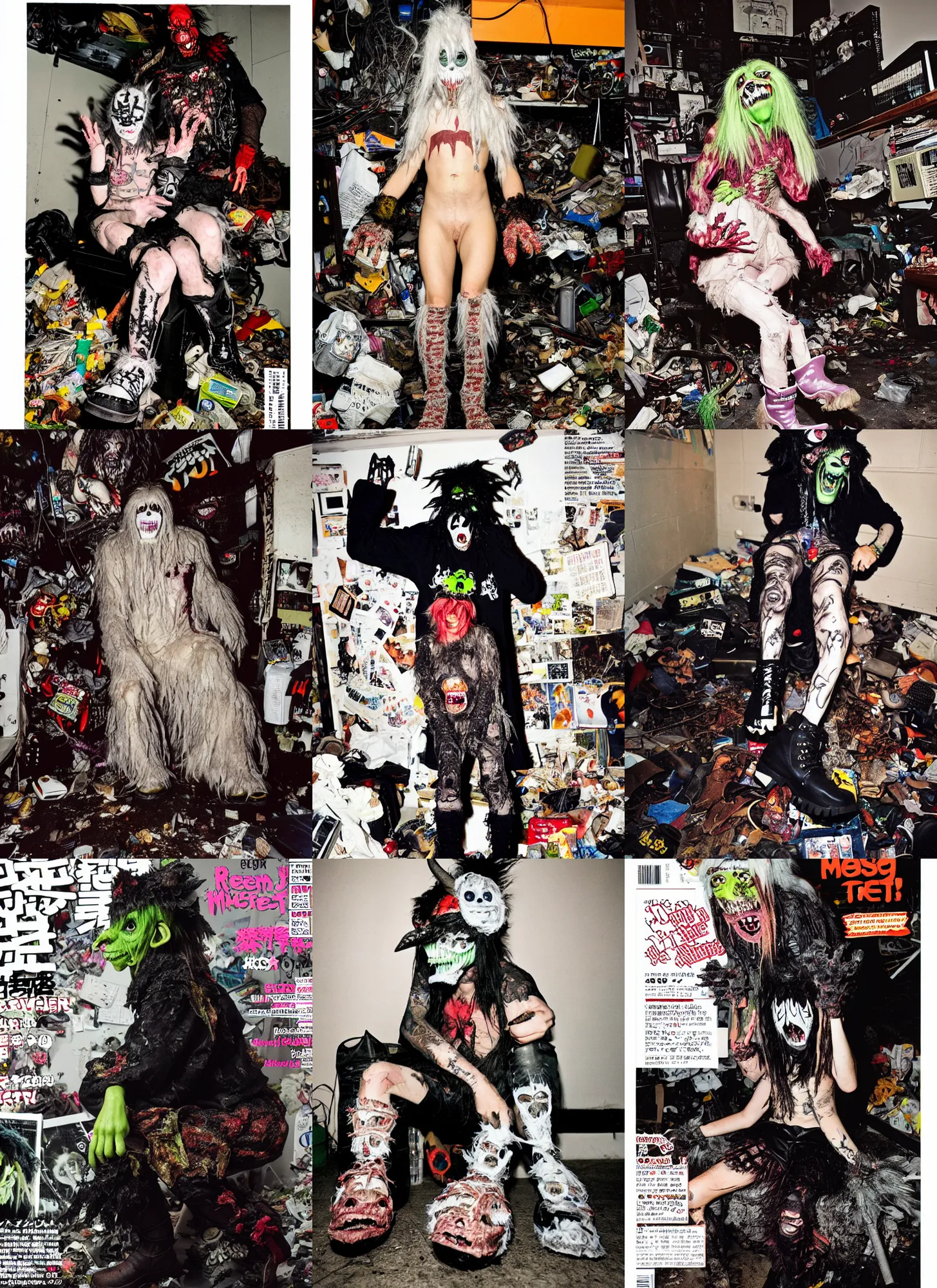 Image similar to photo of lace monster goblin wearing ripped up dirty Swear kiss monster teeth yeti platform boots in the style of Ryan Trecartin in the style of 1990's FRUiTS magazine 20471120 in japan in a dirty dark dark dark poorly lit bedroom full of trash and garbage server racks and cables everywhere in the style of Juergen Teller in the style of Shoichi Aoki, japanese street fashion, KEROUAC magazine, Walter Van Beirendonck W&LT 1990's, Vivienne Westwood, y2K aesthetic