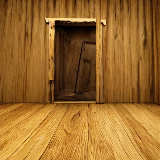 Prompt: photography, 3 d render, monster, open door, wood floor