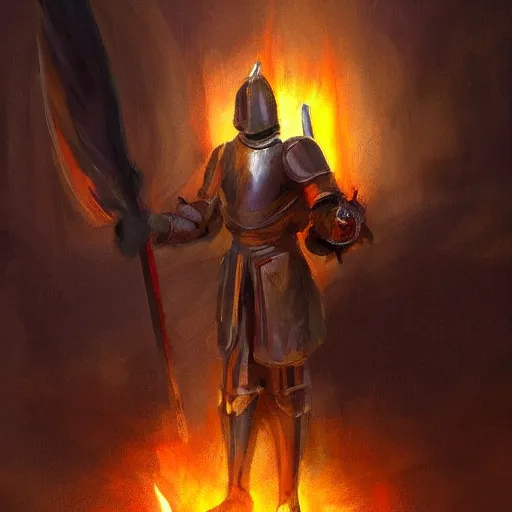 Image similar to a knight in a hall with an angel wing holding a sword of fire, digital oil painting, style of John singer Sargent, heroic, cinematic, indoor, warm lighting, godrays, concept art, highly detailed, trending on art station