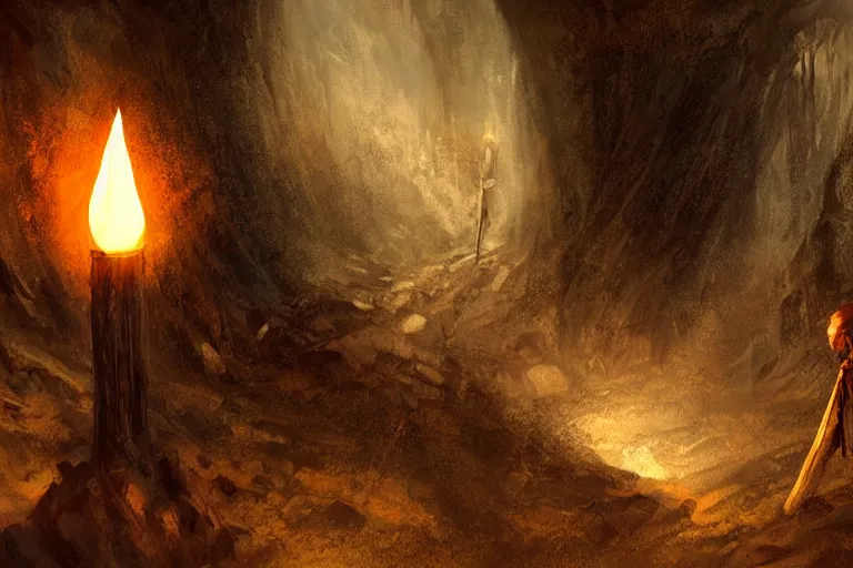 Image similar to concept art, mood painting, environment painting, man holding torch dark ruined mineshaft lotr. style of ryan church, jon mccoy, george hull, painting