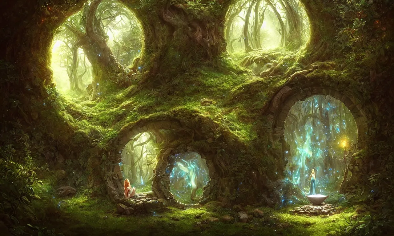 Image similar to Fantasy Magical fairy-tale portal in the forest. Round stone portal teleport in trees to other worlds. Fantastic landscape. Magic Altar in the fores, highly detailed, digital painting, artstation, concept art, smooth, sharp focus, illustration, art by artgerm and greg rutkowski and alphonse mucha